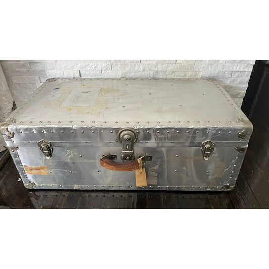 Vintage 1940's Polished Aluminum Steamer Trunk, 1940s Original Turquoise Fabric Lining