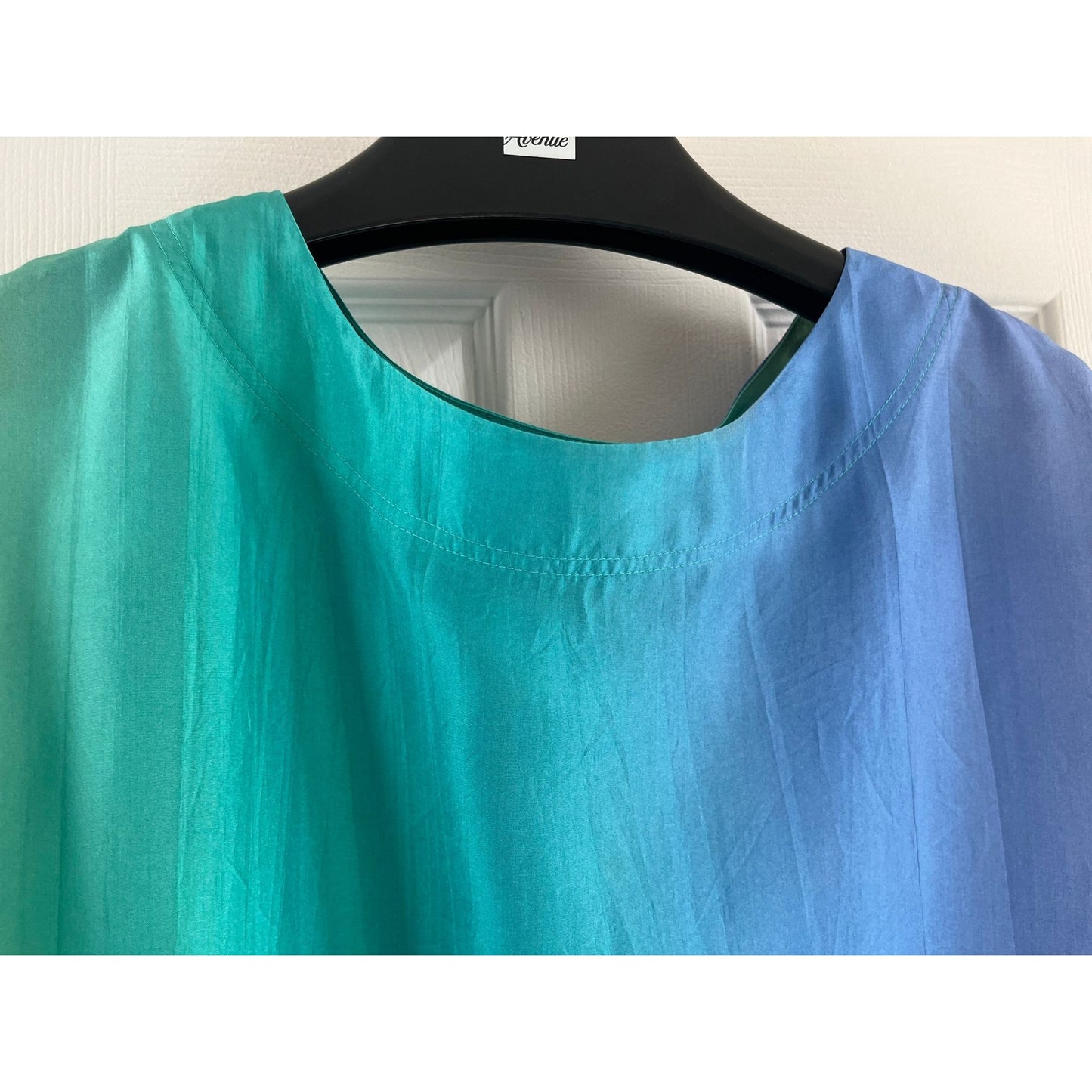 Vtg 1980's Stewart Sport By eStewart Blouse Top Saks Fifth Avenue Washable Silk Multi Color Blue Green M Wide Waist Band