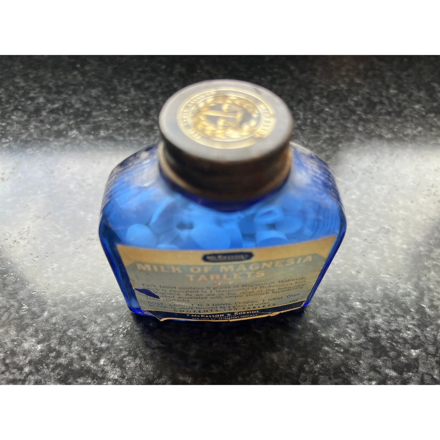 Vtg McKesson & Robbins Bottle Milk of Magnesia Cobalt Blue Ribbed Sided Bottle Original Metal Lid Original Label Collector's Item