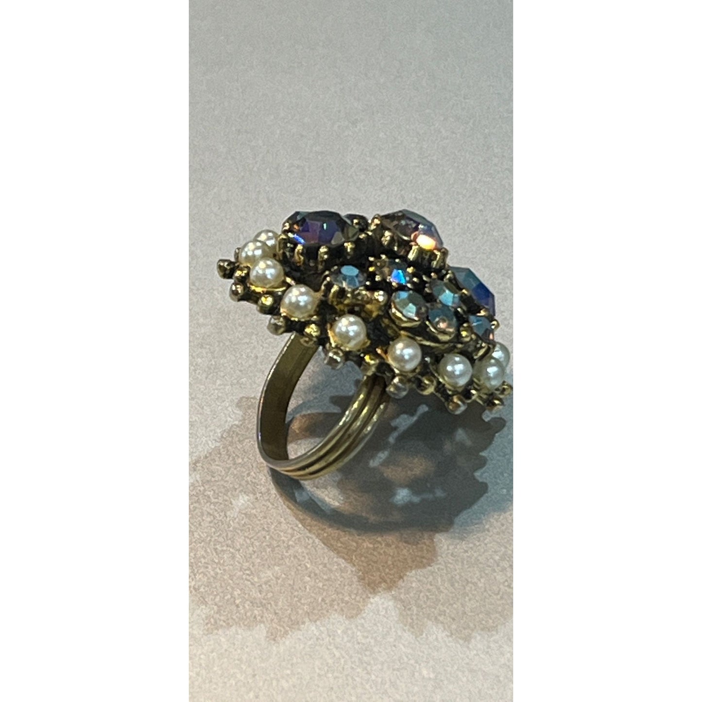 Vintage 1940's -50's Rhinestone Large Domed Ring Layered Mid Century Adjustable Costume Jewelry 2" Wide Purples