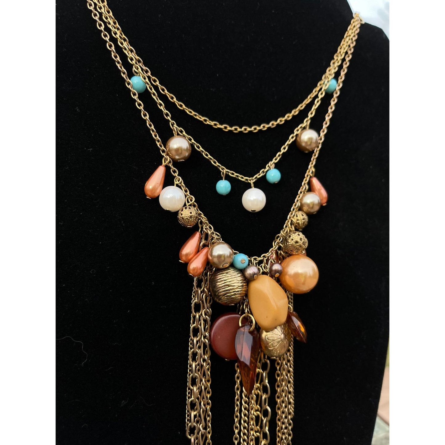 Vtg 1990's Necklace & Pierced Earrings Set Gold Tone Multi Colored And Shaped Beads 3 Strands