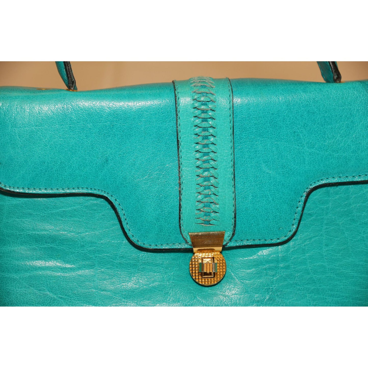 Vintage 1965 Italian Handbag Leather Turquoise Braided With Handle Gold Hardware