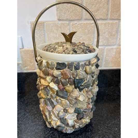 Vtg Ice Bucket Handmade Hand Placed Rocks Stones Pebbles Ice Bucket With Gold Tone Handle Removable Plastic Liner