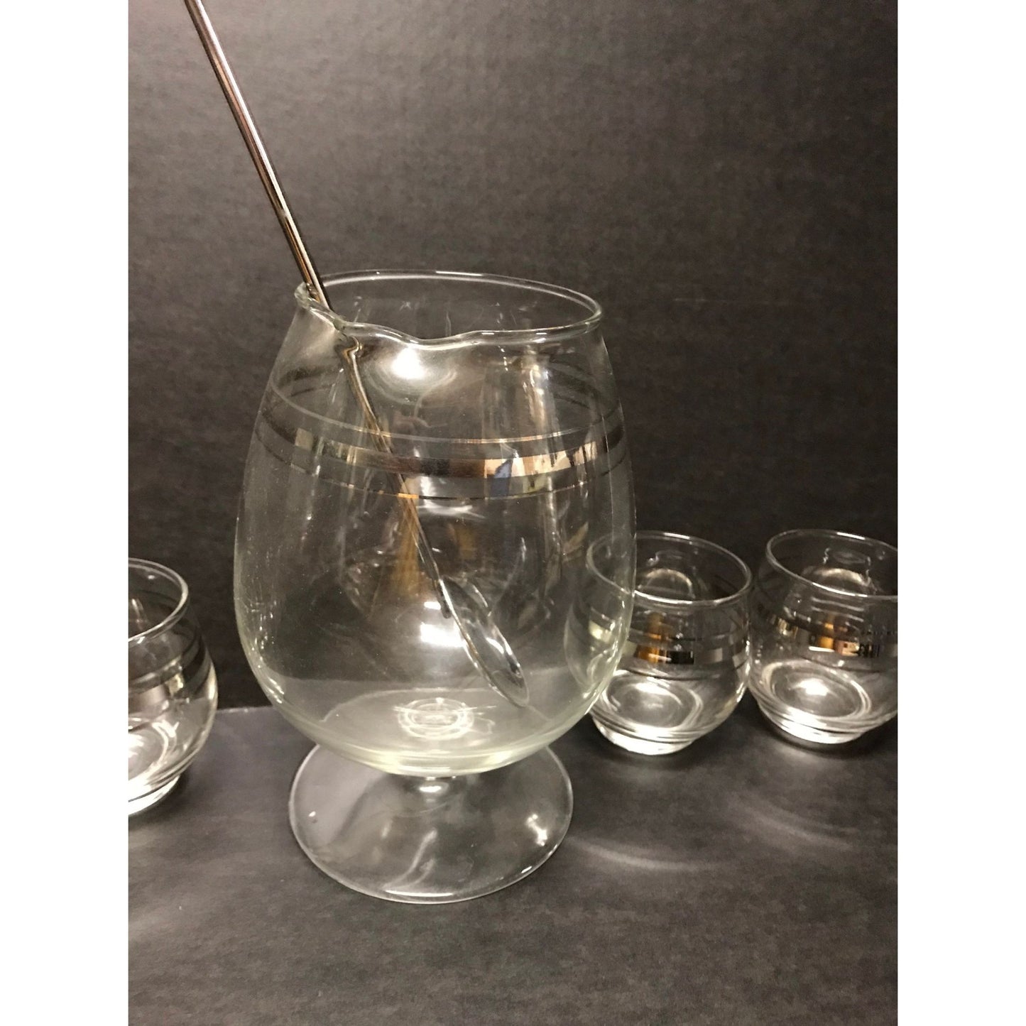 Vtg Set of Cocktail Mixer & Matching Glasses MCM Bar Ware Set Metal Spoon Mixed Drink Set Bar Glass Set of bar glasses Silver Rimmed