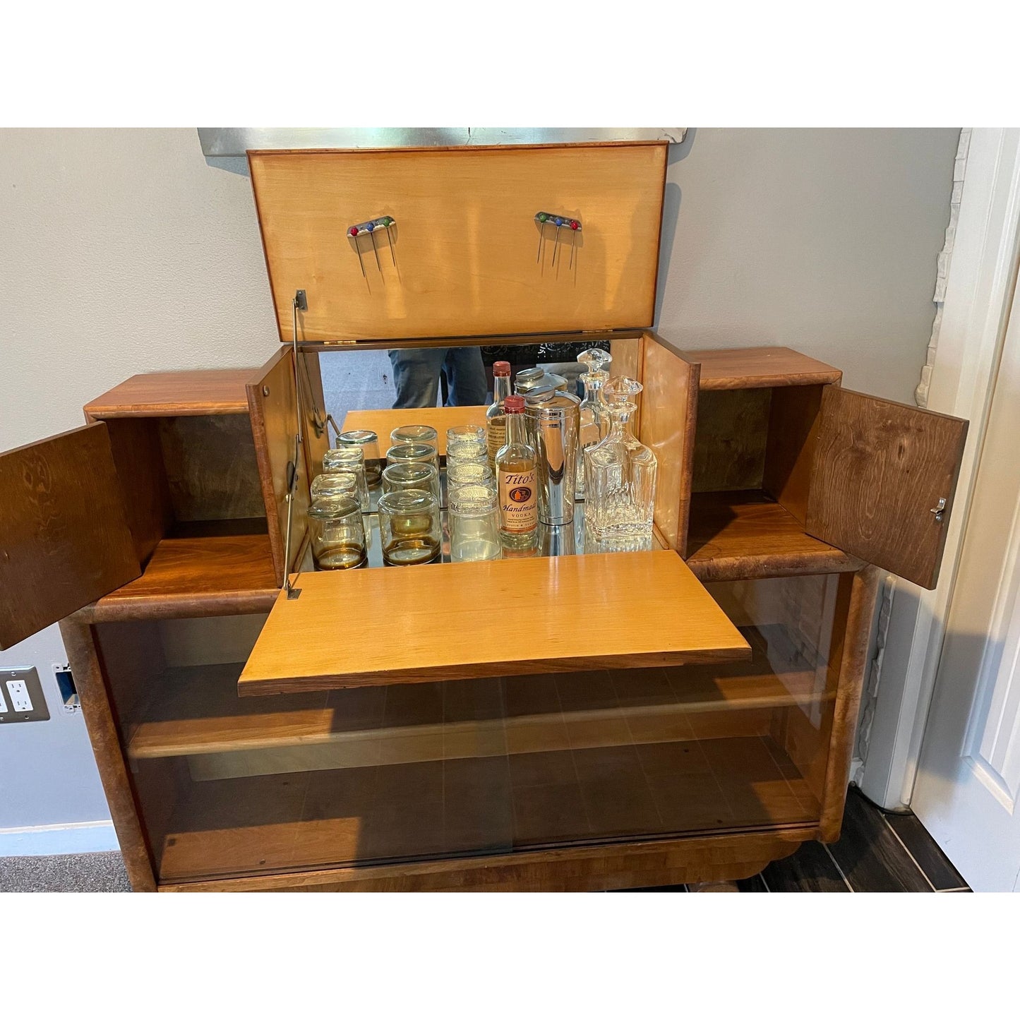 Extraordinary Vintage Art Deco Midcentury Modern Dry Bar Furniture 3 Cabinets Bakelite Ivory Handles 2 Deep Shelves Mad Men Bar Service