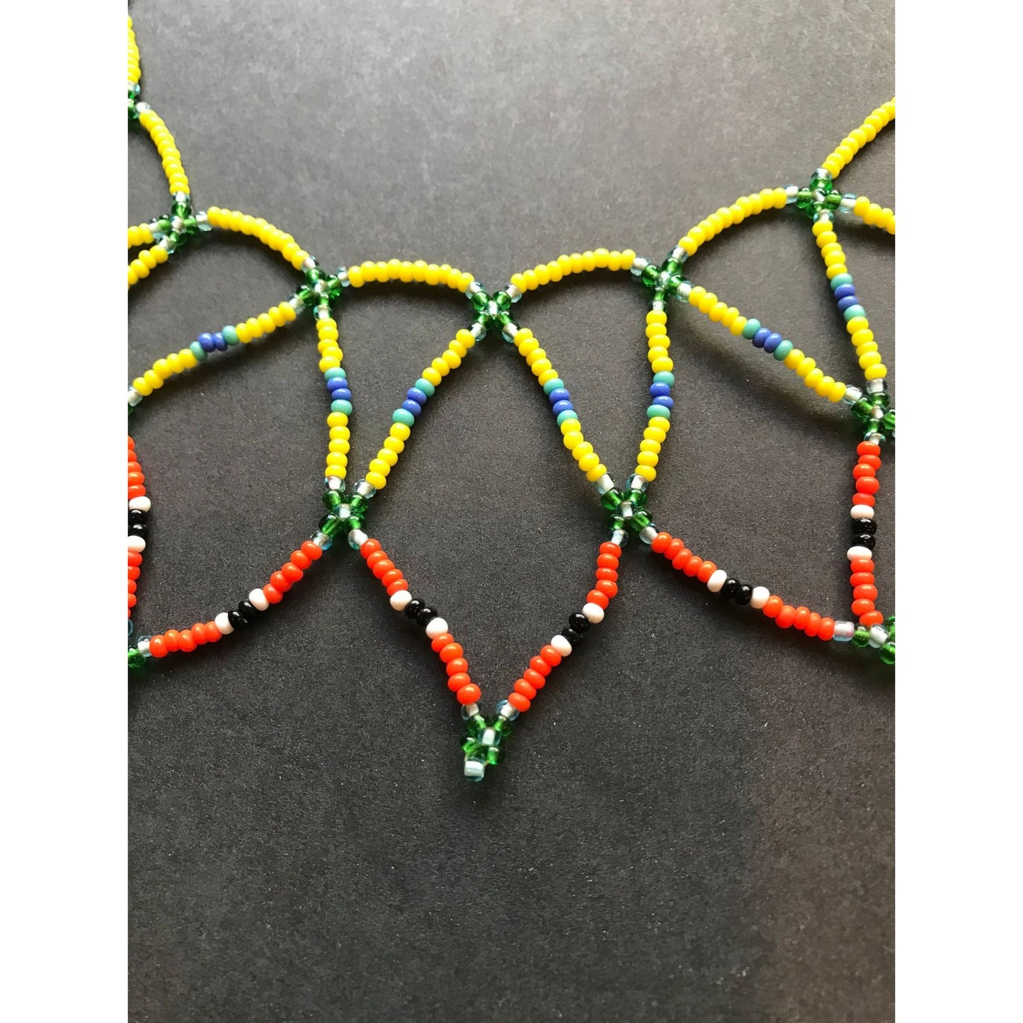 Vtg 1970's Hand Beaded Yoke Or Net Style Necklace Beaded Triangles Pan Tribal Orange Blue Green Ornate Pattern