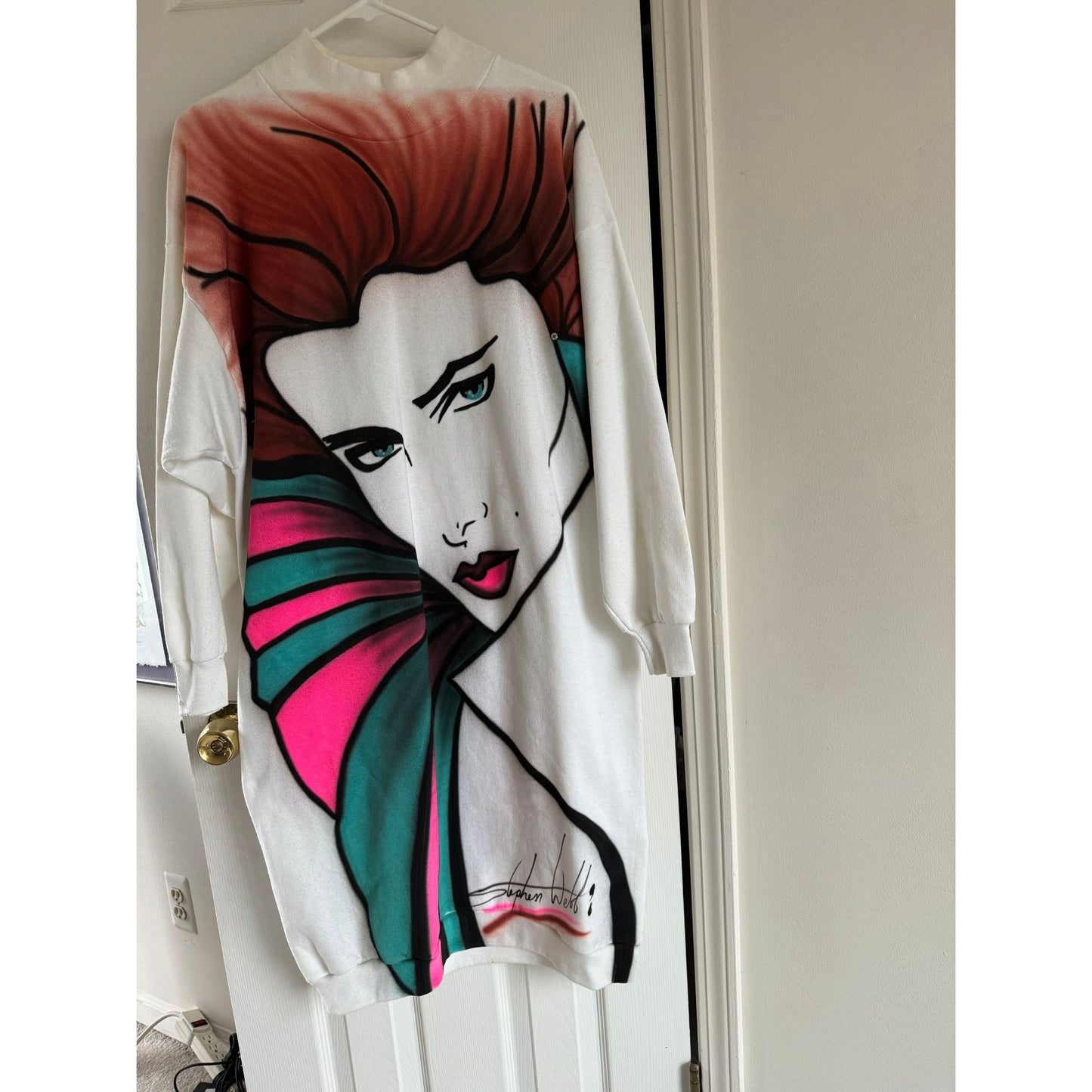 Vintage 1980's Hand Painted Sweat Shirt Dress Vamp Women With Diamond Signed Stephen Webb Exquisite Hand Made One of A Kind Dress