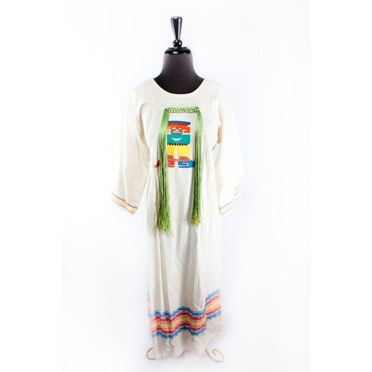 Vtg Maxi Dress Kaftan Mayan Warrior Handmade Embroidery Mexico Green Cotton Twine Size L Hand Dyed