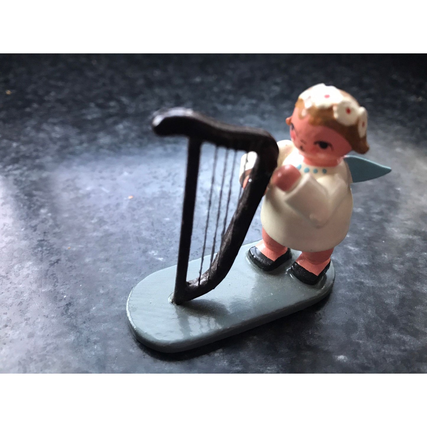 Vintage Christmas Wooden Music Angel Playing The Harp Erzgebirge Made In Germany Orchestra