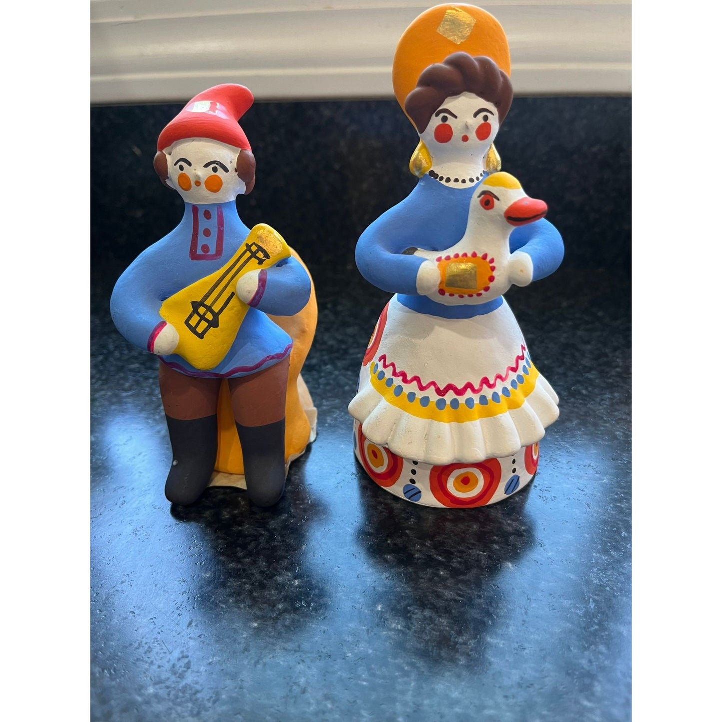 Vintage 1979 Pair of Russian Folk Dymkovo Clay Folk Art Dolls Male Playing Balalaika Female Holding A Duck Original Labels