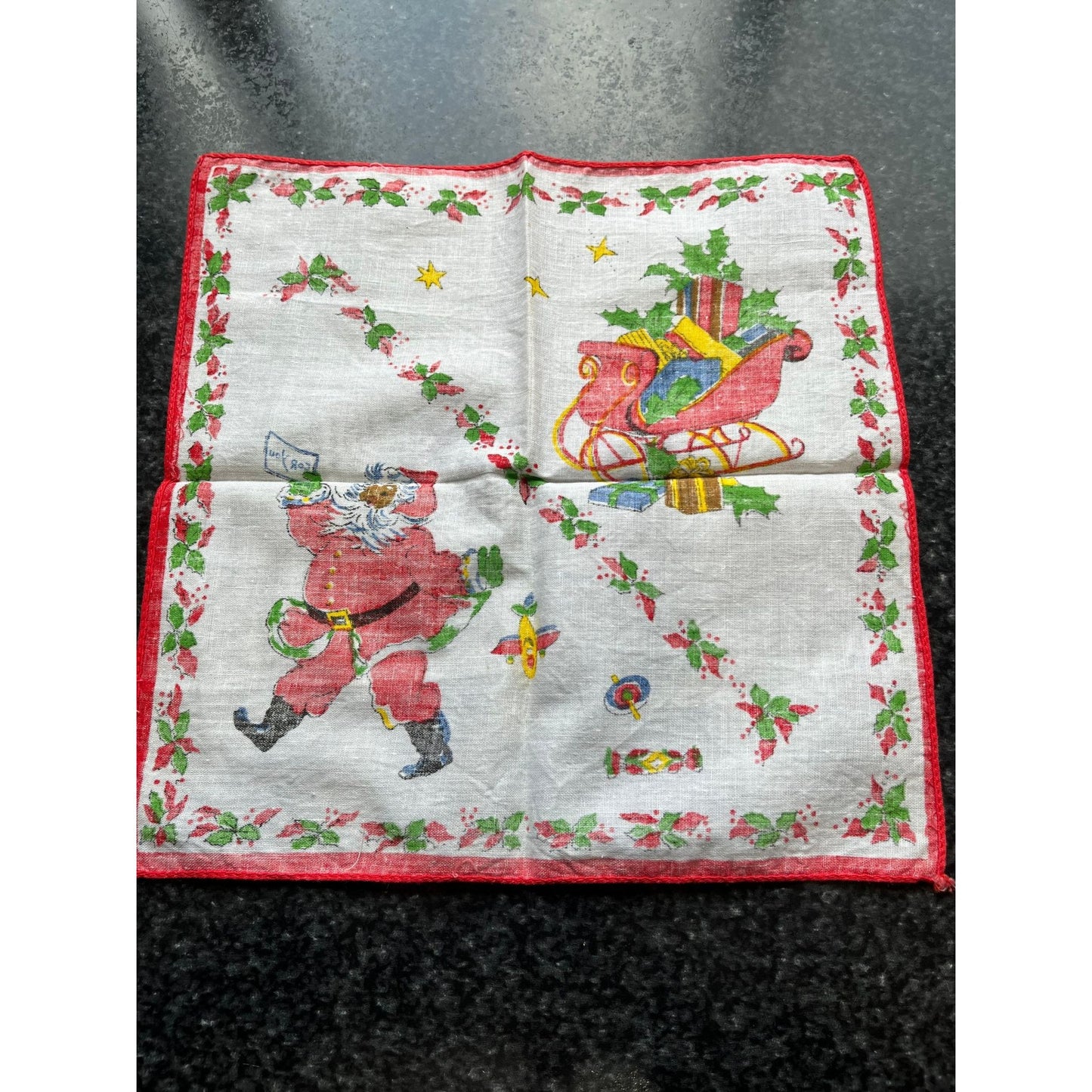 Vtg 1950's Christmas Black Santa "For You" Cotton Handkerchief Santa's Sled With Presents & Holly