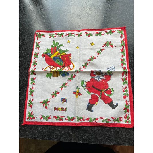 Vtg 1950's Christmas Black Santa "For You" Cotton Handkerchief Santa's Sled With Presents & Holly