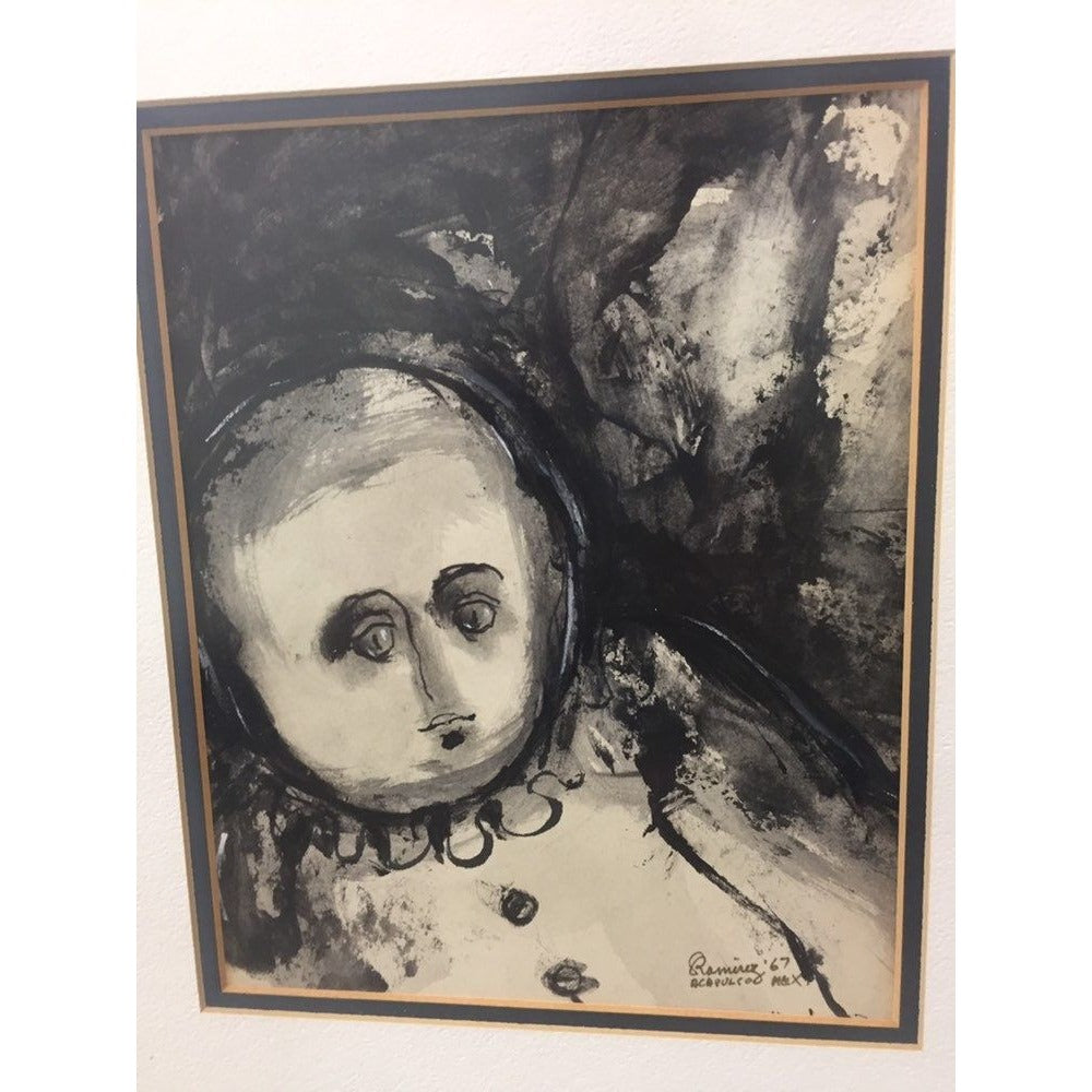 Abraham Ramirez Painting "Clown", India Ink On Paper Signed 1967 Acapulco Mex