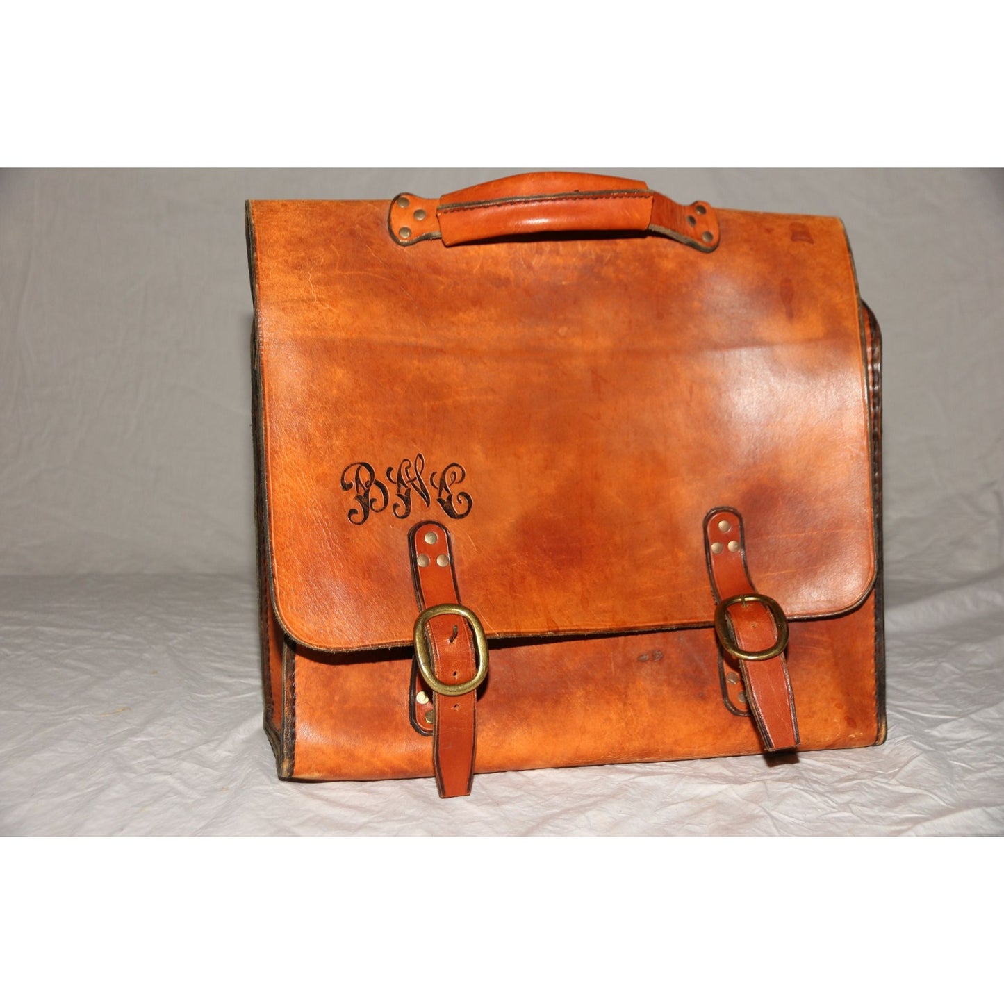 1970's Handmade Leather Attaché Bag Initials B M C Buckle Brass Closure Custom Made Vintage