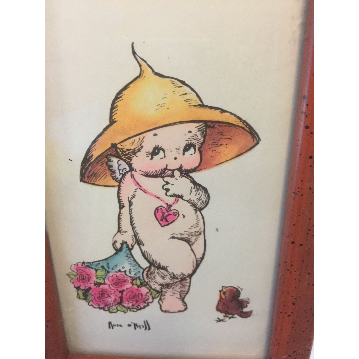 Vtg Rose O'Neill Precious Kewipie Print Framed Cartoon Character No Clothes On Cute Hat Heart Necklace Bouquet Of Flowers