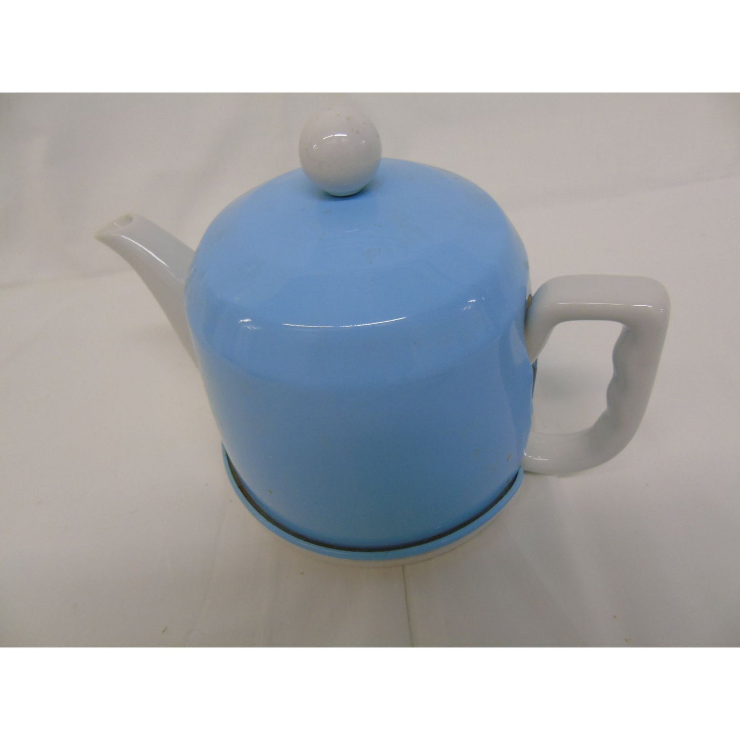 Vintage White Ceramic Teapot With Light Blue Fitted Tea Cozy 24 Fluid Ounces