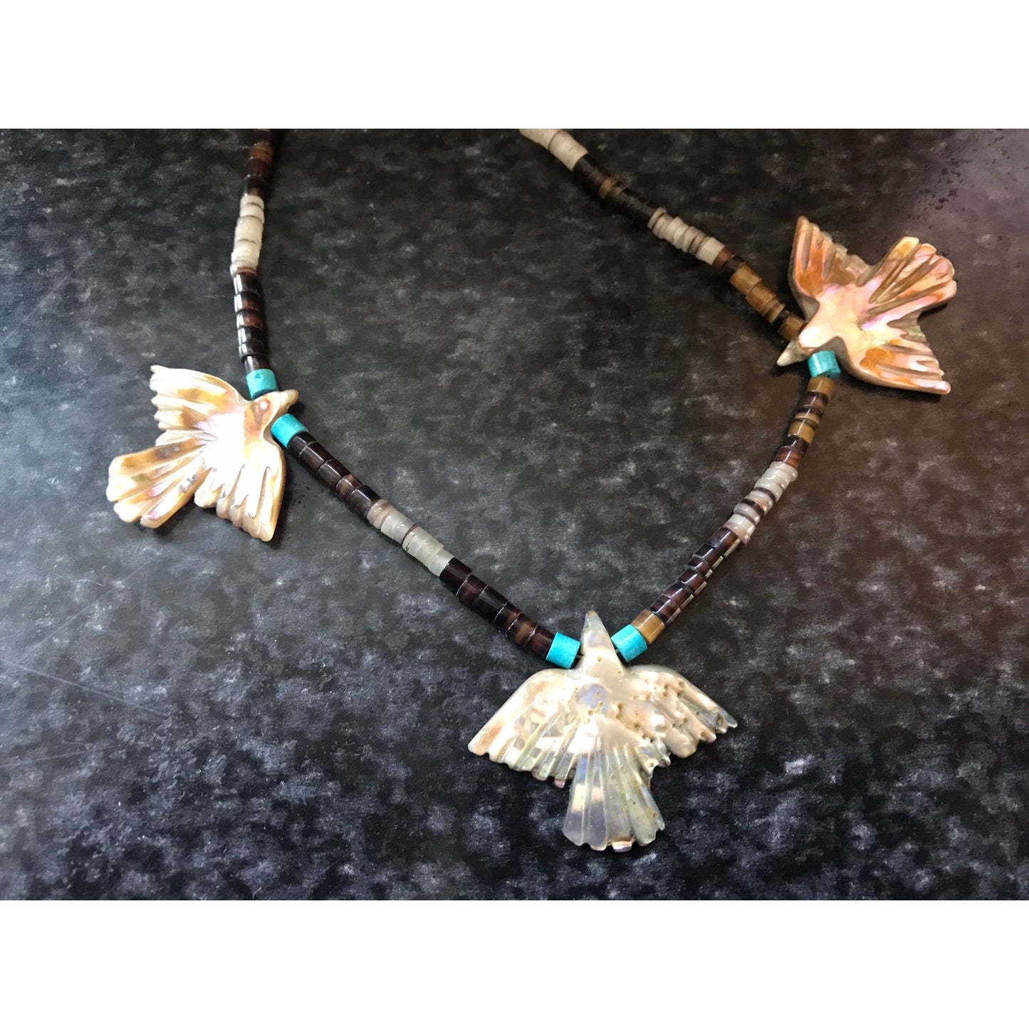 Vtg Zuni Necklace Native American Hand Carved Mother Of Pearl 3 Thunderbird Heishi Turquoise Beads