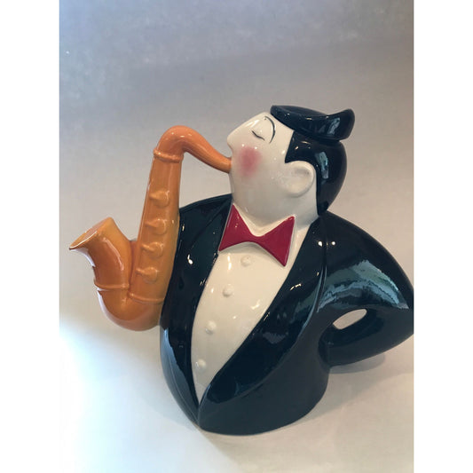 Vintage Clay Art Jazz Series 1990 Saxophone Player Teapot Tuxedo Yellow Sax Original Label