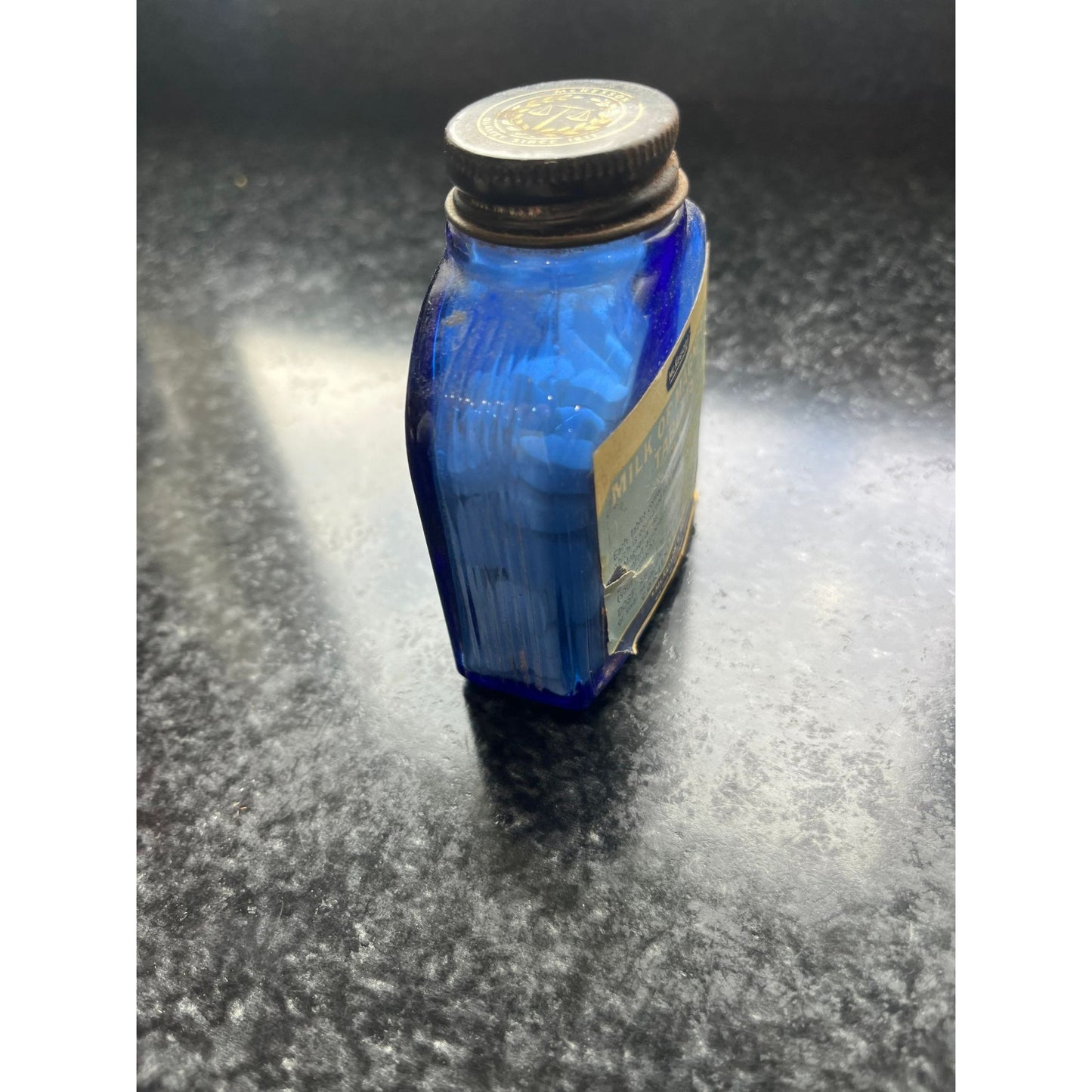 Vtg McKesson & Robbins Bottle Milk of Magnesia Cobalt Blue Ribbed Sided Bottle Original Metal Lid Original Label Collector's Item