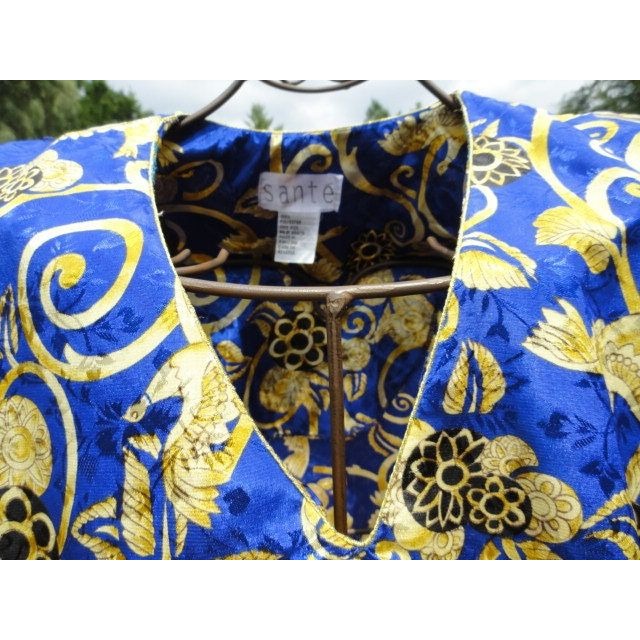 Vintage Women's SANTE Maxi Kaftan Dress Paisley Jacquard Pattern Feather Motif Blue Gold One Size