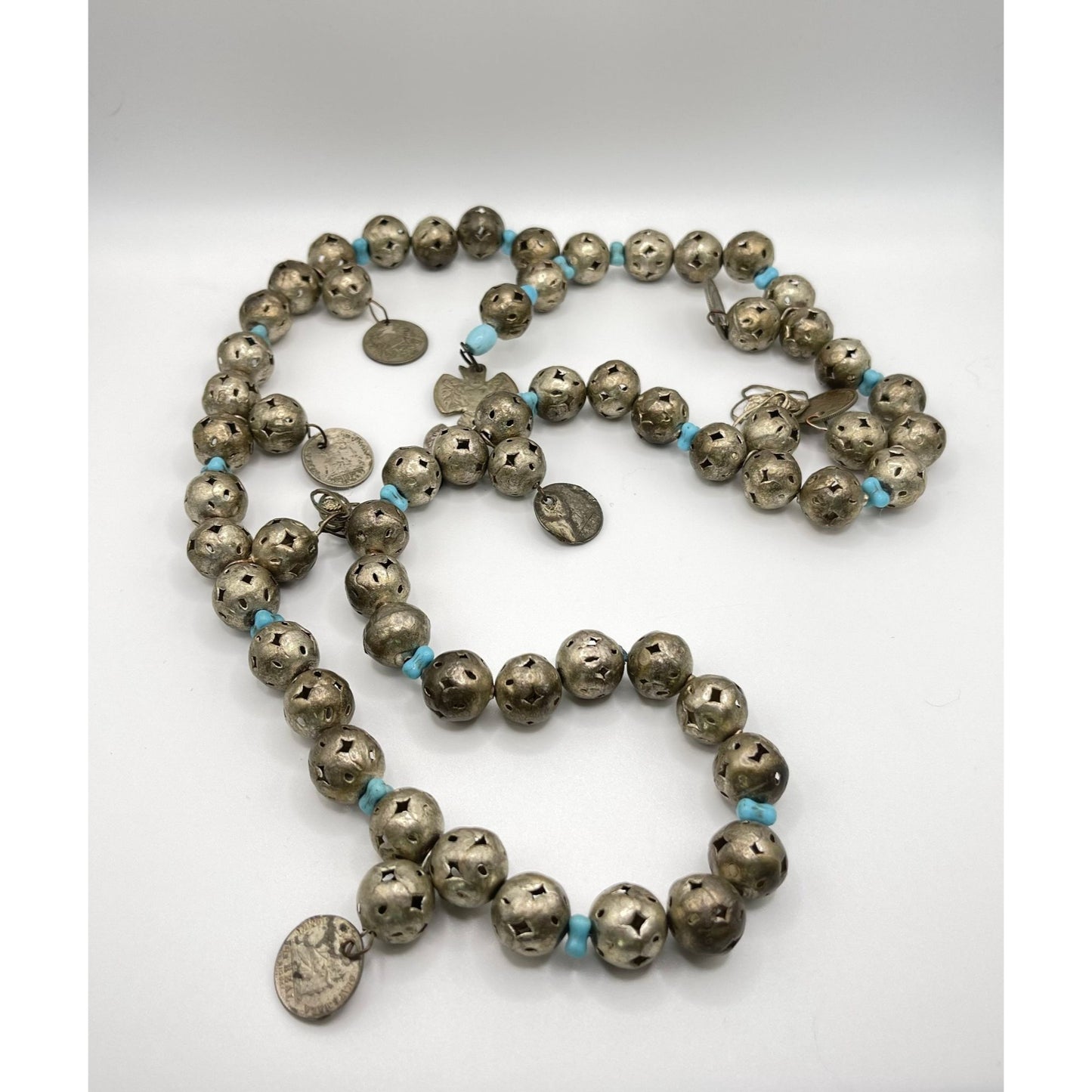 Vtg Colonial Chachal Pierced Silver Beads Coins Necklace Blue Glass Beads Made In Guatemala Ethnic Jewelry