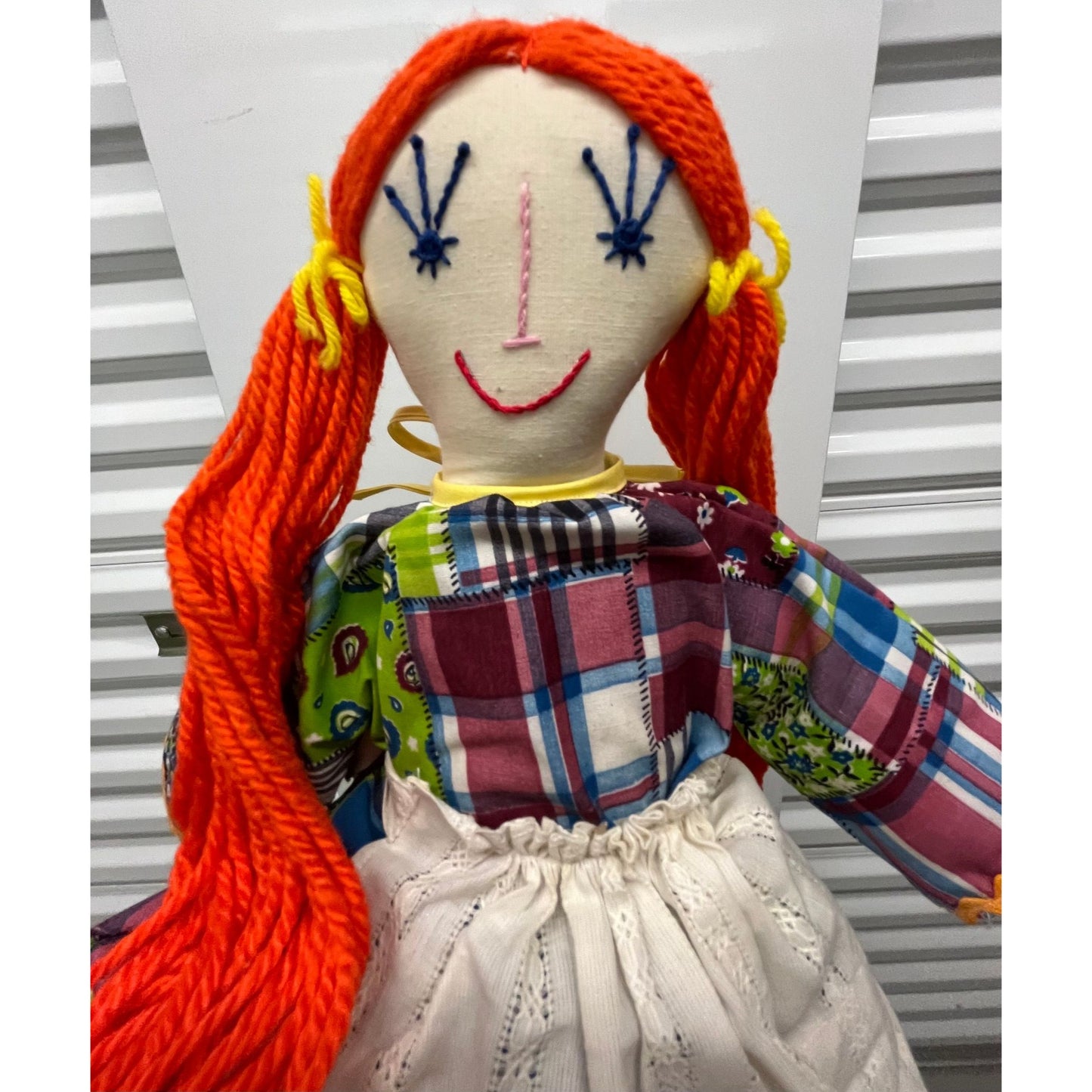 Vtg Handmade 22" Cloth Doll Long Red Hair In Pig Tales Calico Dress White Bloomers Embroidered Face One Of A Kind