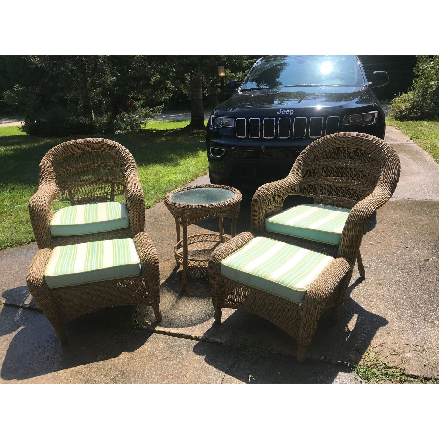 Vintage 5 Piece Rattan Patio Set With Cushions By Grand Basket Company 2 Arm Chairs 2 Ottomans 1 Table & Cushions