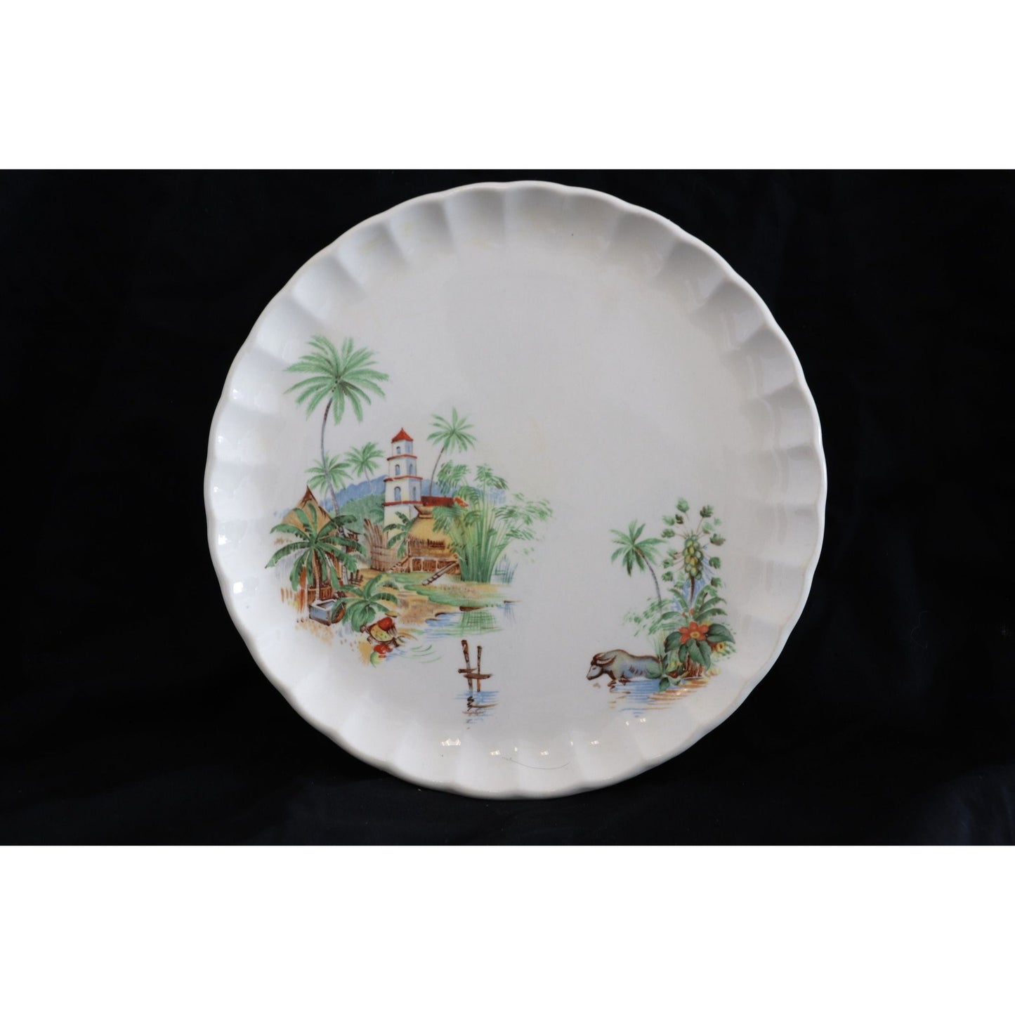 W S George Bolero Vintage Rare Tropical Island Hacienda Bull Scene Three 9.5" Dinner Plates