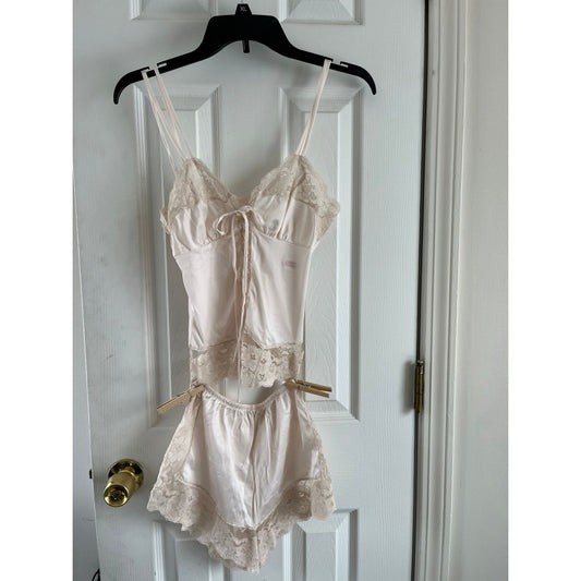 Vtg Formfit Rodgers Saks Fifth Avenue Silk 2 Piece Lingerie Lace Up Front Beige Lace Rosettes Camisole &  Shorts Size 4