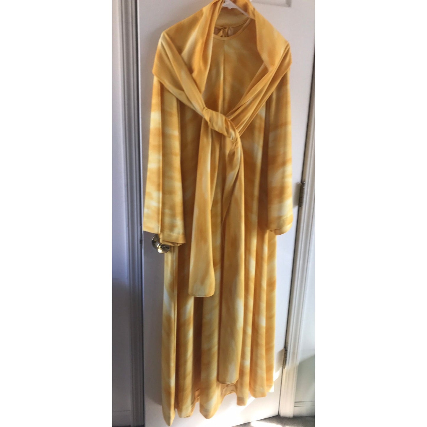 Vtg 1970's Avon Family Fashions Yellow White Tie Dyed Maxi Dress & Shawl Bell Sleeves Boho Hippie L