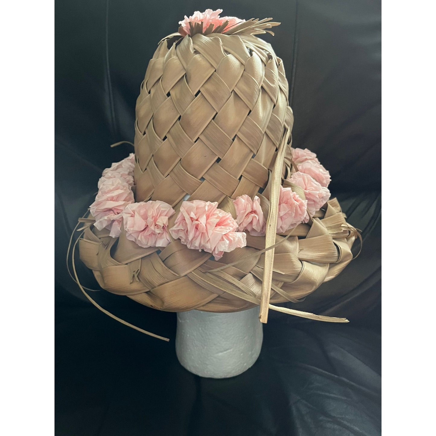 Vtg 1967 Hat Women’s Pink Hawaiian Handmade Palm Frond Woven 7″ x 10 1/2″ Handwoven Made In Hawaii