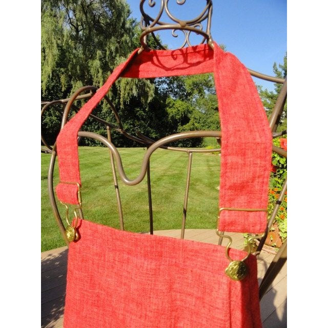 Vintage 1960's Red Dress Smock Apron "In Good Company" San Francisco Straps With Clasp Size Large