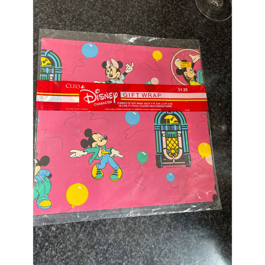 Vtg Mickey Mouse Minnie Mouse Disney Cleo Gift Wrap Wrapping Paper NEW USA Gibson Mickey & Minnie Dancing Jukebox Flowers