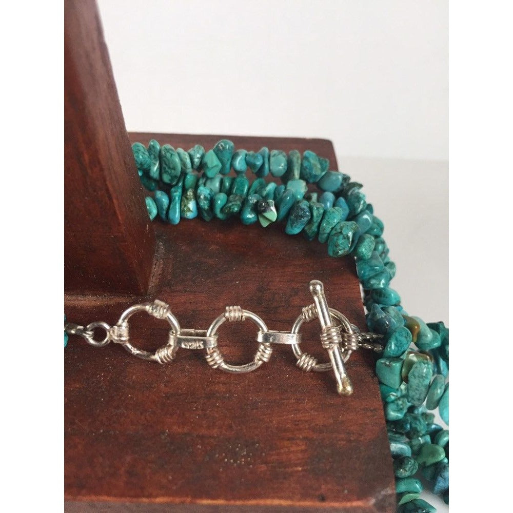 Vintage Three Strand Turquoise Nugget Necklace Sterling Silver Adjustable Toggle & Ring Closure