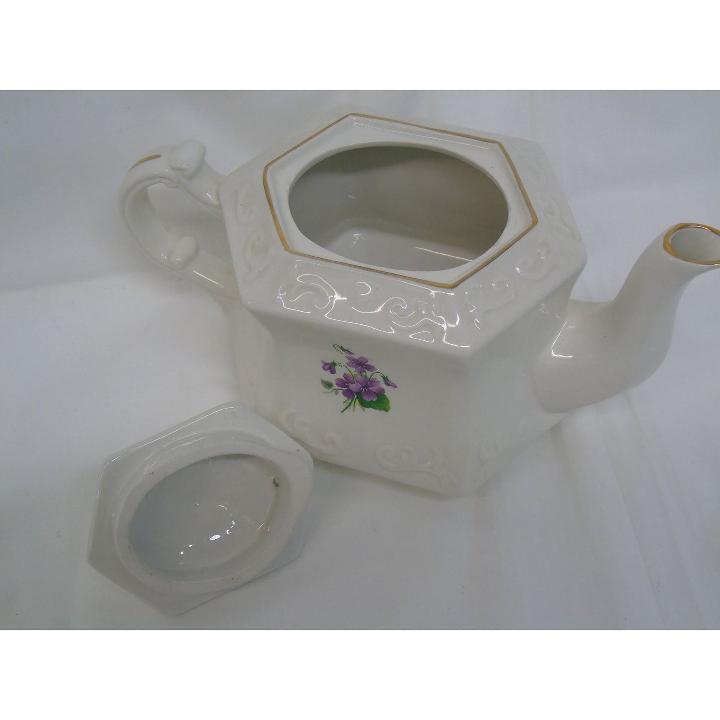 Vintage Ellgreave Genuine Ironstone Floral Teapot made in England Purple Flowers Hexagon Gold Accents