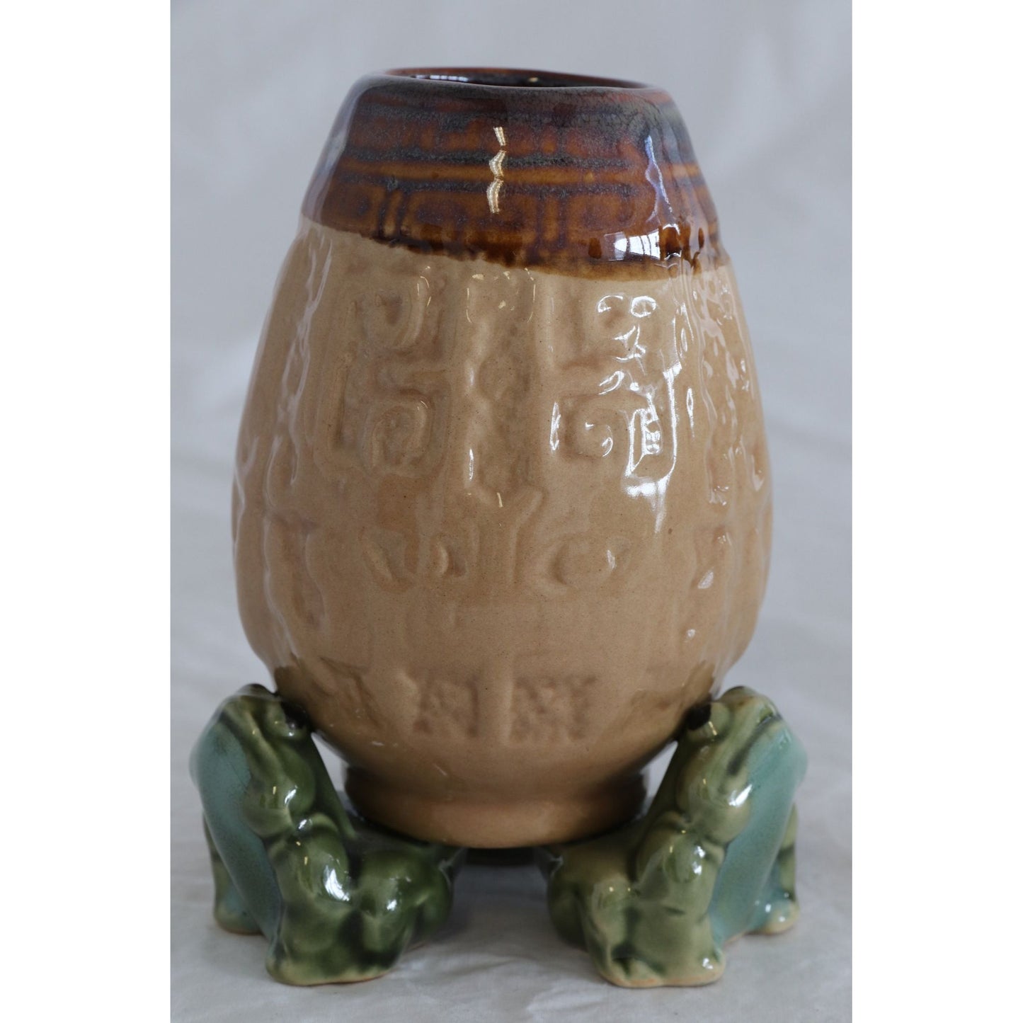 Vintage 3 Frog Aztec Pattern Ceramic Vase Beige & Brown Fine Pottery Art