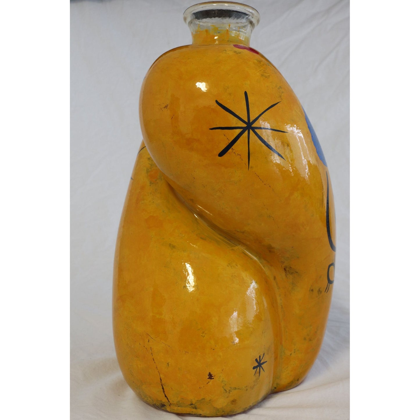 Vtg 1990's Large Hand Painted From The Inside Yellow Bulbous Vase Abstract Design Studio Art Glass