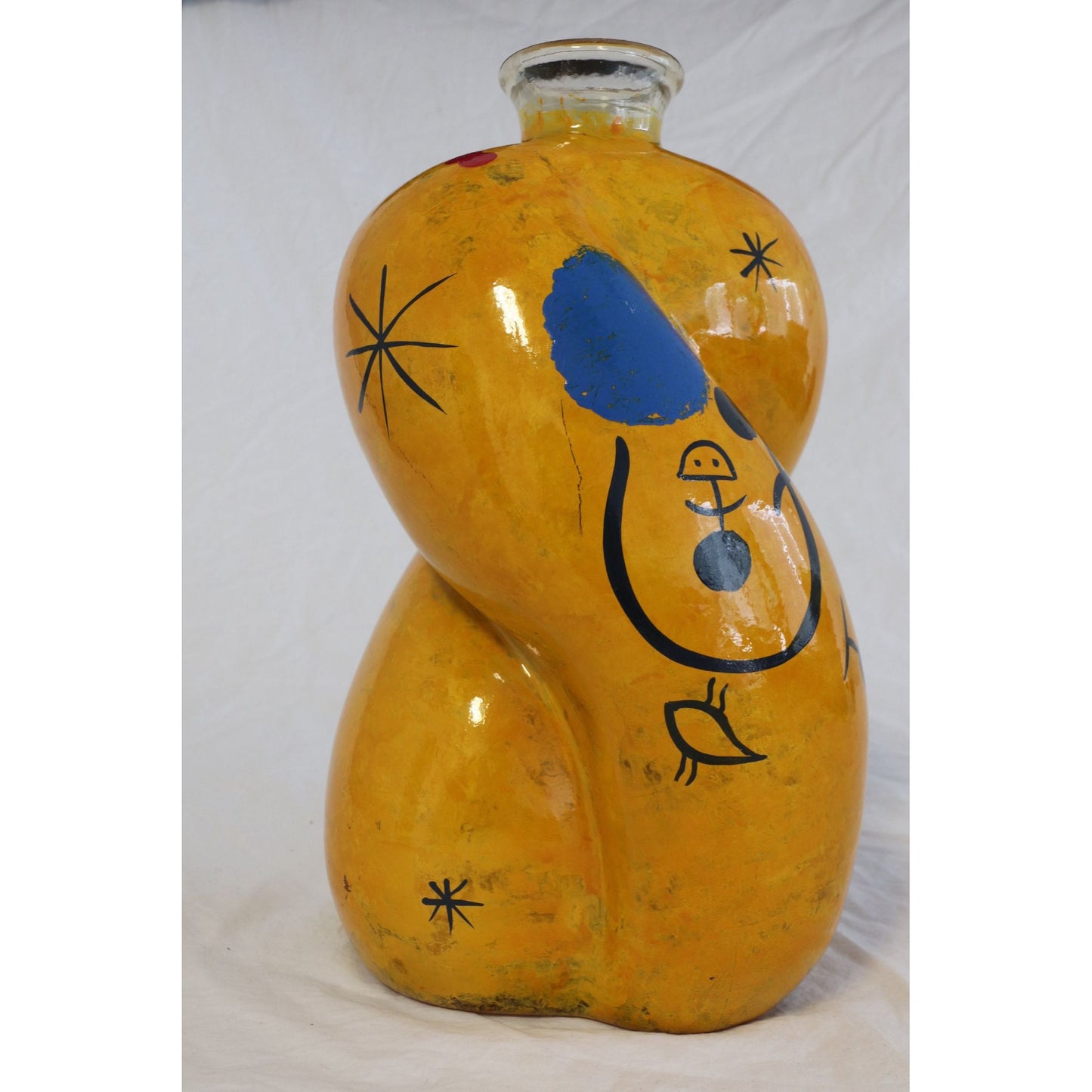 Vtg 1990's Large Hand Painted From The Inside Yellow Bulbous Vase Abstract Design Studio Art Glass