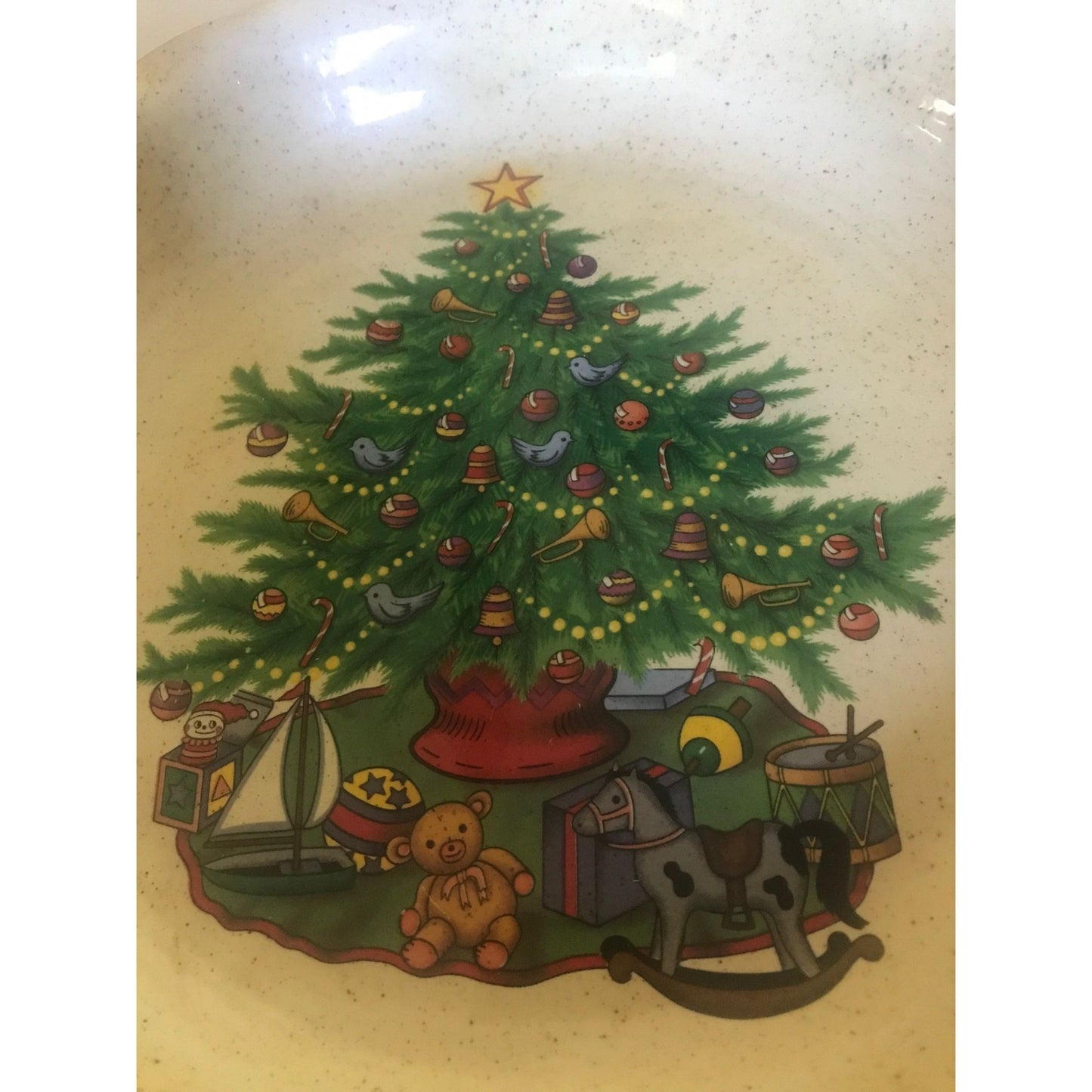 Vtg Christmas Tree With Toys Pie Tart Ceramic Dish Handmade 10" One Of A Kind Serving Piece