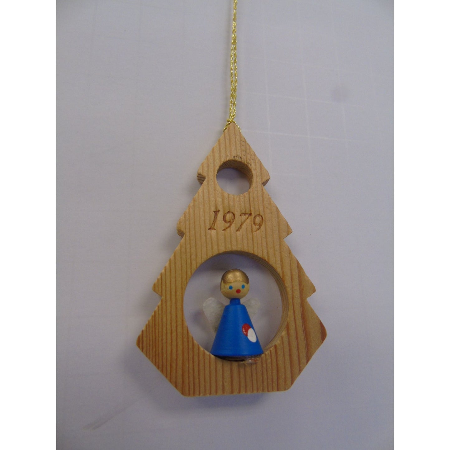 Vintage 1979 Handmade Christmas Tree And Angel Ornament Wooden Cut Out Hand Painted