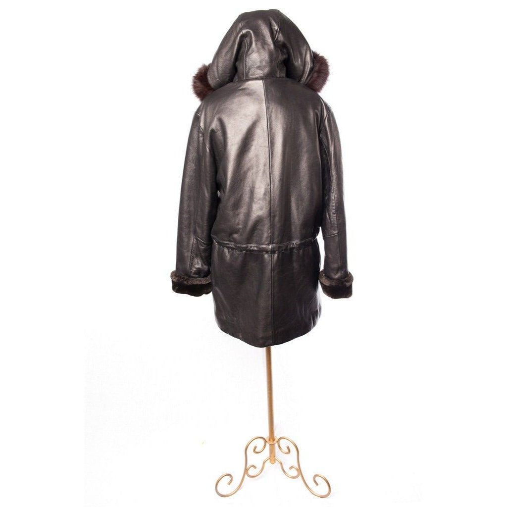 Women’s MARC NEW YORK Andrew Marc Leather Coat Hood Black Faux Fur M