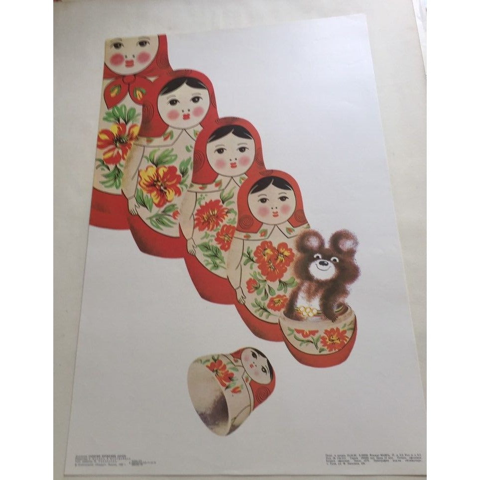 Vintage 1980 Mockba Misha Poster, Olympics Russian, Matryoshka Dolls Moscow, USSR