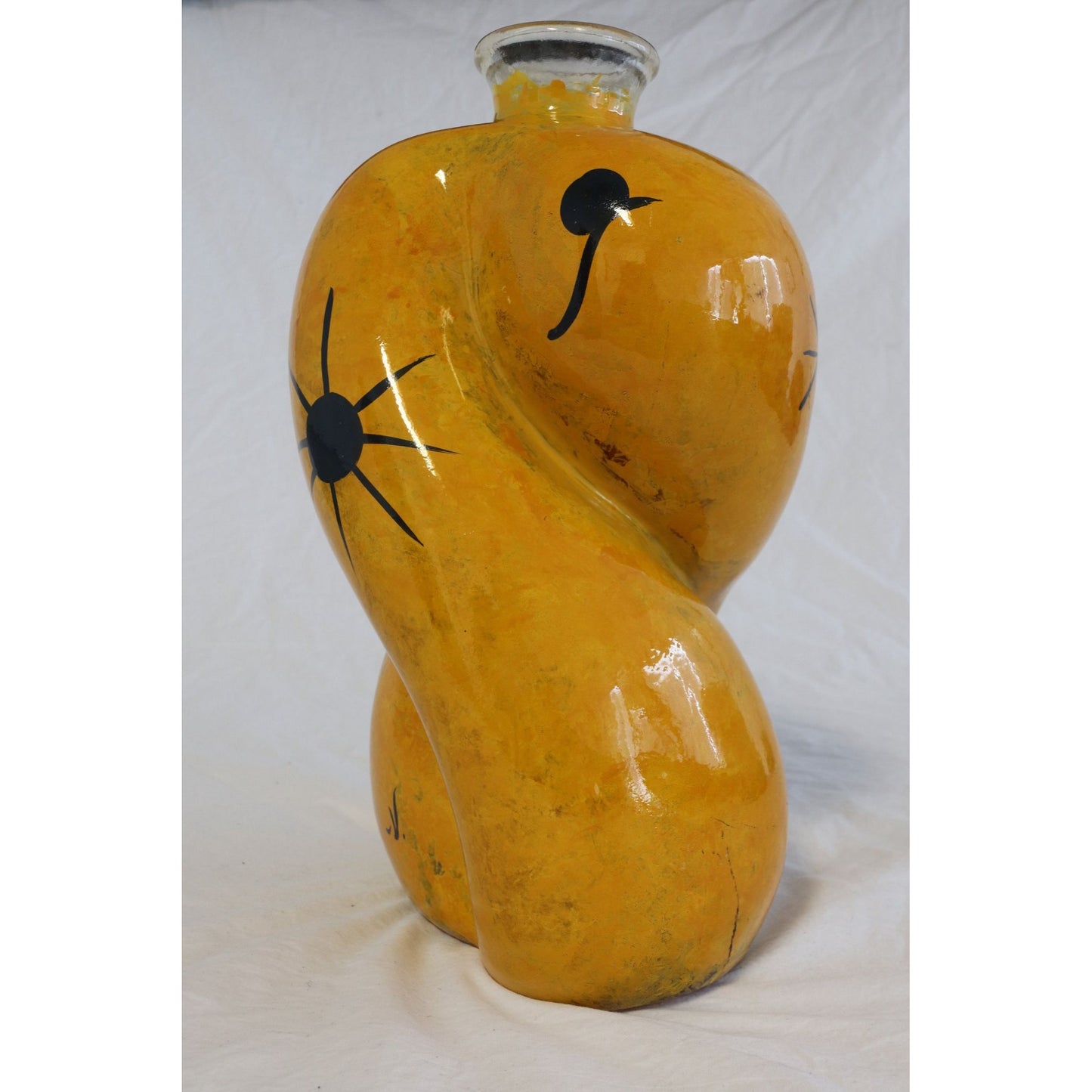 Vtg 1990's Large Hand Painted From The Inside Yellow Bulbous Vase Abstract Design Studio Art Glass