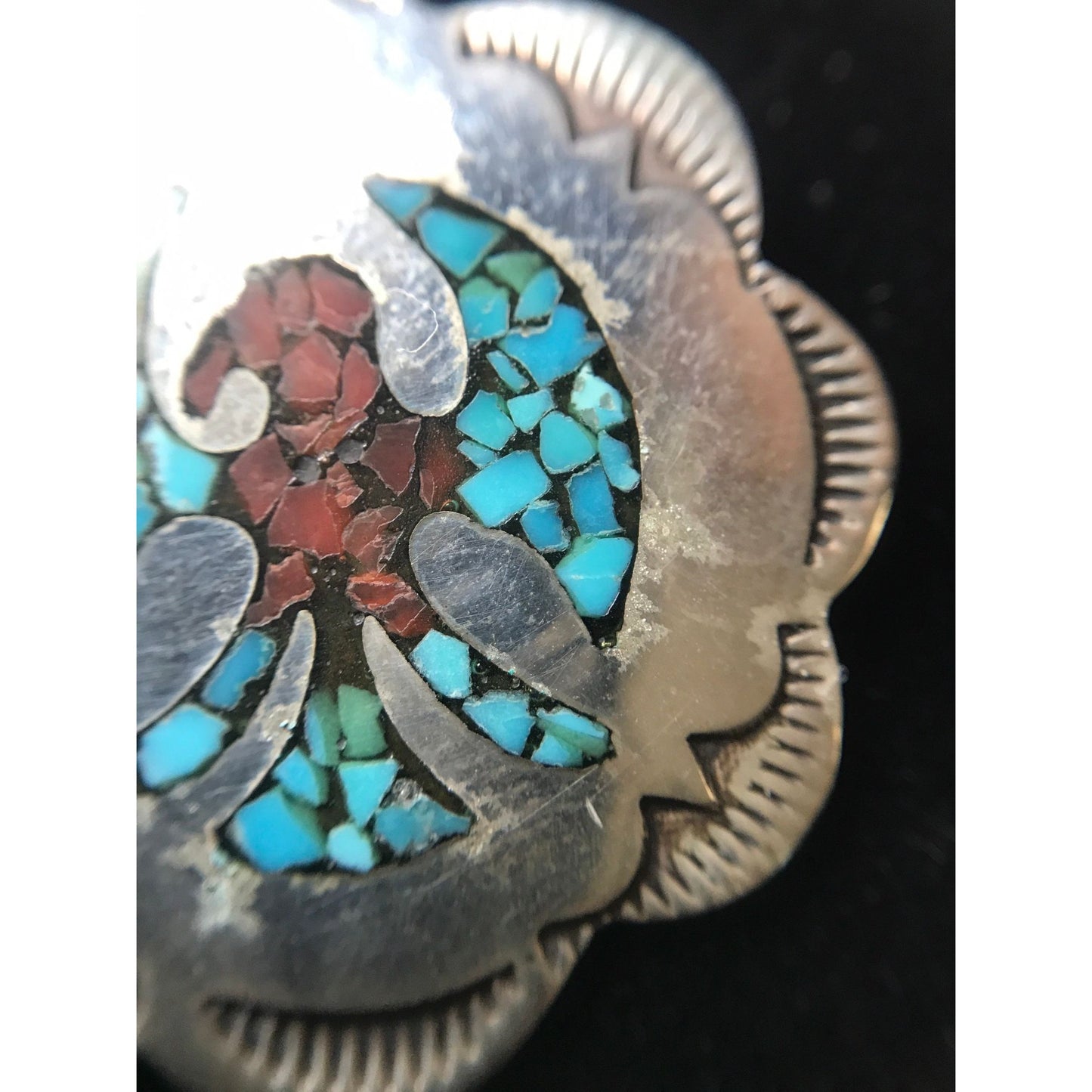 Vtg 1960's Peyote Bird Pendant Inlaid Chipped Turquoise & Coral Stamped Sterling Signed J \ L On Cable Chain