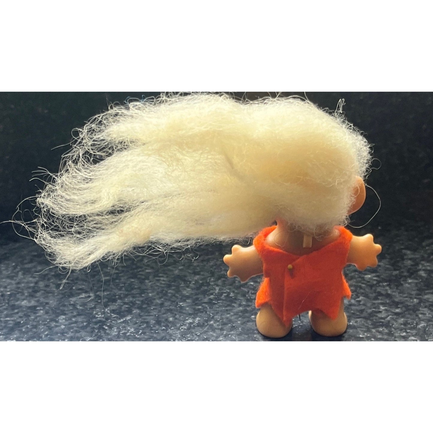 Vtg 1960's Rootie Tab Neck 3” Troll Doll with White Hair and Bulgy Orange Eyes Handmade Orange Dress With Heart