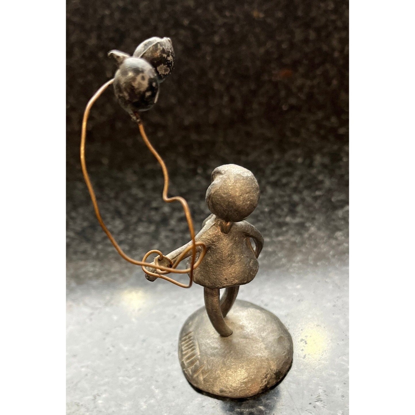 Vintage Pewter People By Hunter Sculpture Art Figurine Girl With Two Balloons 4"