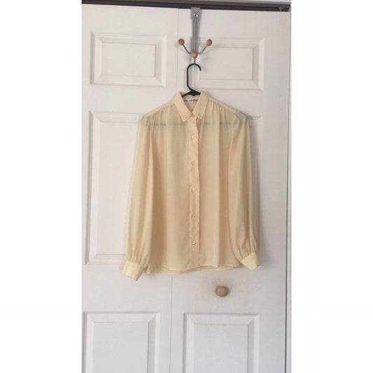 Vintage 70's Kasper for JL Sport Ltd. Beige Silk Blouse Button Down Collar Size Small