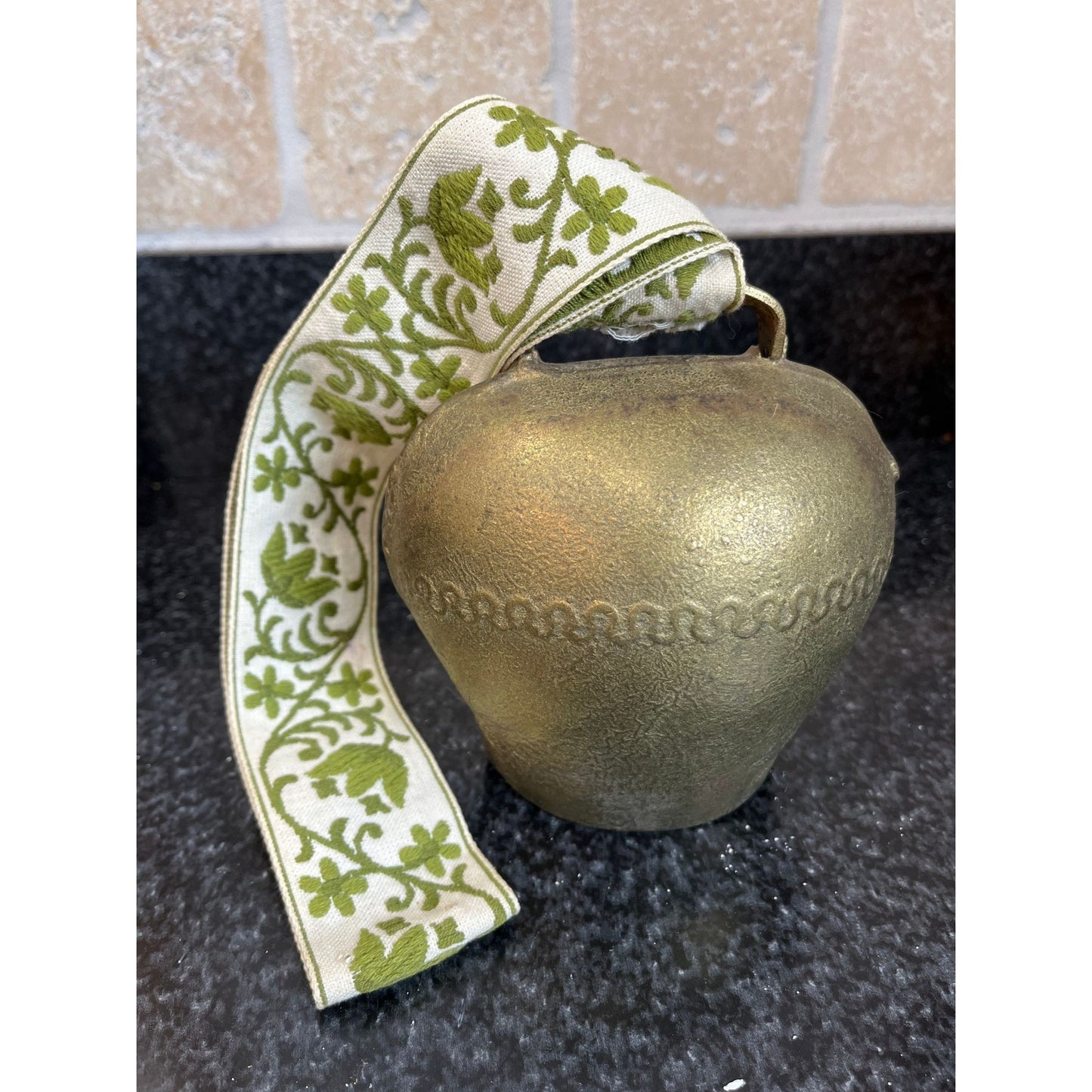 Vintage Austrian Cow Bell Original Label Brass Hand Hammered Bell On Hand Embroidered Green White Floral Strap