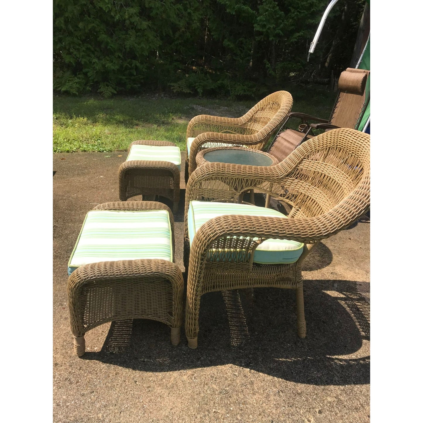 Vintage 5 Piece Rattan Patio Set With Cushions By Grand Basket Company 2 Arm Chairs 2 Ottomans 1 Table & Cushions