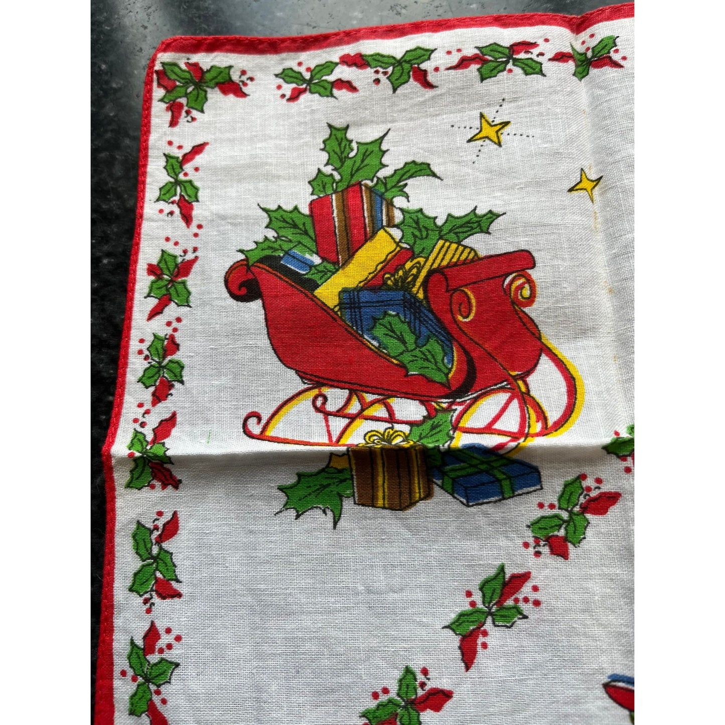 Vtg 1950's Christmas Black Santa "For You" Cotton Handkerchief Santa's Sled With Presents & Holly